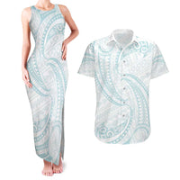 White Sunday Lotu Tamaiti Couples Matching Tank Maxi Dress and Hawaiian Shirt Polynesian Wave Pastel Cyan - Polynesian Pride