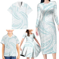 White Sunday Lotu Tamaiti Family Matching Long Sleeve Bodycon Dress and Hawaiian Shirt Polynesian Wave Pastel Cyan - Polynesian Pride
