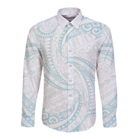 White Sunday Lotu Tamaiti Long Sleeve Button Shirt Polynesian Wave Pastel Cyan - Polynesian Pride