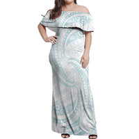 White Sunday Lotu Tamaiti Off Shoulder Maxi Dress Polynesian Wave Pastel Cyan - Polynesian Pride