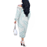 White Sunday Lotu Tamaiti Off The Shoulder Long Sleeve Dress Polynesian Wave Pastel Cyan - Polynesian Pride