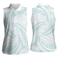 White Sunday Lotu Tamaiti Women Sleeveless Polo Shirt Polynesian Wave Pastel Cyan - Polynesian Pride