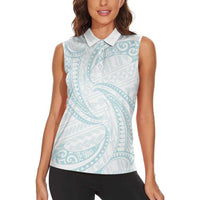 White Sunday Lotu Tamaiti Women Sleeveless Polo Shirt Polynesian Wave Pastel Cyan - Polynesian Pride