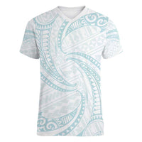 White Sunday Lotu Tamaiti Women V-Neck T-Shirt Polynesian Wave Pastel Cyan - Polynesian Pride