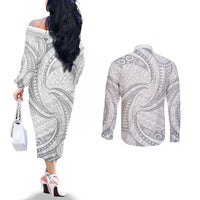 White Sunday Lotu Tamaiti Couples Matching Off The Shoulder Long Sleeve Dress and Long Sleeve Button Shirt Polynesian Wave Pastel Gray - Polynesian Pride