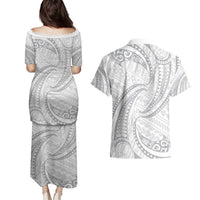 White Sunday Lotu Tamaiti Couples Matching Puletasi and Hawaiian Shirt Polynesian Wave Pastel Gray - Polynesian Pride
