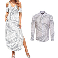 White Sunday Lotu Tamaiti Couples Matching Summer Maxi Dress and Long Sleeve Button Shirt Polynesian Wave Pastel Gray - Polynesian Pride