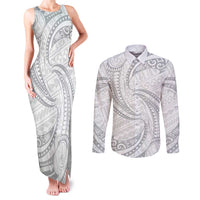 White Sunday Lotu Tamaiti Couples Matching Tank Maxi Dress and Long Sleeve Button Shirt Polynesian Wave Pastel Gray - Polynesian Pride