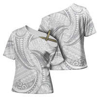 White Sunday Lotu Tamaiti Cross Shoulder Shirt Polynesian Wave Pastel Gray - Polynesian Pride