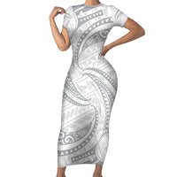 White Sunday Lotu Tamaiti Family Matching Short Sleeve Bodycon Dress and Hawaiian Shirt Polynesian Wave Pastel Gray - Polynesian Pride