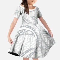 White Sunday Lotu Tamaiti Family Matching Summer Maxi Dress and Hawaiian Shirt Polynesian Wave Pastel Gray - Polynesian Pride