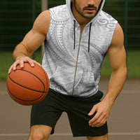 White Sunday Lotu Tamaiti Sleeveless Zip Hoodie Polynesian Wave Pastel Gray - Polynesian Pride