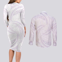 White Sunday Lotu Tamaiti Couples Matching Long Sleeve Bodycon Dress and Long Sleeve Button Shirt Polynesian Wave Pastel Mauve - Polynesian Pride