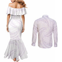 White Sunday Lotu Tamaiti Couples Matching Mermaid Dress and Long Sleeve Button Shirt Polynesian Wave Pastel Mauve - Polynesian Pride