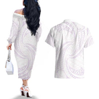 White Sunday Lotu Tamaiti Couples Matching Off The Shoulder Long Sleeve Dress and Hawaiian Shirt Polynesian Wave Pastel Mauve - Polynesian Pride