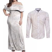 White Sunday Lotu Tamaiti Couples Matching Off Shoulder Maxi Dress and Long Sleeve Button Shirt Polynesian Wave Pastel Nude - Polynesian Pride