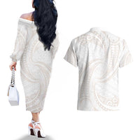 White Sunday Lotu Tamaiti Couples Matching Off The Shoulder Long Sleeve Dress and Hawaiian Shirt Polynesian Wave Pastel Nude - Polynesian Pride