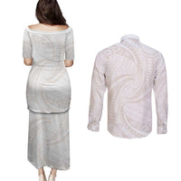 White Sunday Lotu Tamaiti Couples Matching Puletasi and Long Sleeve Button Shirt Polynesian Wave Pastel Nude - Polynesian Pride