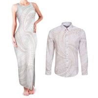 White Sunday Lotu Tamaiti Couples Matching Tank Maxi Dress and Long Sleeve Button Shirt Polynesian Wave Pastel Nude - Polynesian Pride