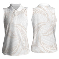 White Sunday Lotu Tamaiti Women Sleeveless Polo Shirt Polynesian Wave Pastel Nude - Polynesian Pride