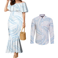 White Sunday Lotu Tamaiti Couples Matching Mermaid Dress and Long Sleeve Button Shirt Polynesian Wave Pastel Sky Blue - Polynesian Pride