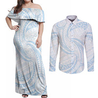 White Sunday Lotu Tamaiti Couples Matching Off Shoulder Maxi Dress and Long Sleeve Button Shirt Polynesian Wave Pastel Sky Blue - Polynesian Pride