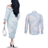 White Sunday Lotu Tamaiti Couples Matching Off The Shoulder Long Sleeve Dress and Long Sleeve Button Shirt Polynesian Wave Pastel Sky Blue - Polynesian Pride