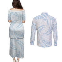 White Sunday Lotu Tamaiti Couples Matching Puletasi and Long Sleeve Button Shirt Polynesian Wave Pastel Sky Blue - Polynesian Pride