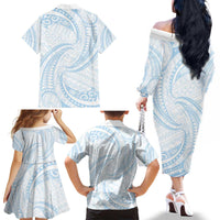 White Sunday Lotu Tamaiti Family Matching Off The Shoulder Long Sleeve Dress and Hawaiian Shirt Polynesian Wave Pastel Sky Blue - Polynesian Pride