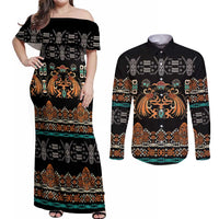 Black Batik Papua-inspired Pattern Couples Matching Off Shoulder Maxi Dress and Long Sleeve Button Shirt LT9 Black - Polynesian Pride