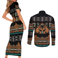 Black Batik Papua-inspired Pattern Couples Matching Short Sleeve Bodycon Dress and Long Sleeve Button Shirt - Polynesian Pride