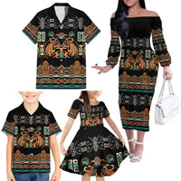 Black Batik Papua-inspired Pattern Family Matching Off The Shoulder Long Sleeve Dress and Hawaiian Shirt - Polynesian Pride