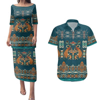 Dark Cyan Blue Batik Papua-inspired Pattern Couples Matching Puletasi and Hawaiian Shirt LT9 Blue - Polynesian Pride