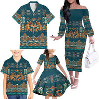 Dark Cyan Blue Batik Papua-inspired Pattern Family Matching Off The Shoulder Long Sleeve Dress and Hawaiian Shirt - Polynesian Pride