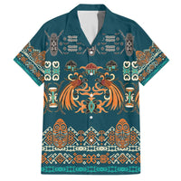 Dark Cyan Blue Batik Papua-inspired Pattern Family Matching Off The Shoulder Long Sleeve Dress and Hawaiian Shirt - Polynesian Pride