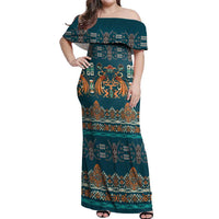 Dark Cyan Blue Batik Papua-inspired Pattern Off Shoulder Maxi Dress - Polynesian Pride