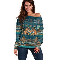 Dark Cyan Blue Batik Papua-inspired Pattern Off Shoulder Sweater - Polynesian Pride