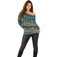 Dark Cyan Blue Batik Papua-inspired Pattern Off Shoulder Sweater - Polynesian Pride