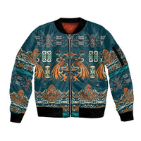Dark Cyan Blue Batik Papua-inspired Pattern Sleeve Zip Bomber Jacket - Polynesian Pride