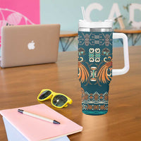 Dark Cyan Blue Batik Papua-inspired Pattern Tumbler With Handle - Polynesian Pride