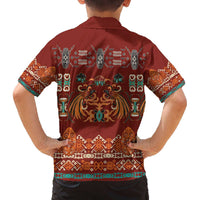 Oxblood Batik Papua-inspired Pattern Family Matching Off The Shoulder Long Sleeve Dress and Hawaiian Shirt LT9 - Polynesian Pride