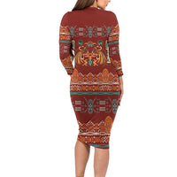 Oxblood Batik Papua-inspired Pattern Long Sleeve Bodycon Dress - Polynesian Pride