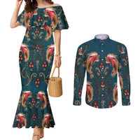 Dark Cyan Blue Bird of Batik Papua Couples Matching Mermaid Dress and Long Sleeve Button Shirt Exotic Natural Wealth of Papua - Polynesian Pride