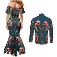 Dark Cyan Blue Bird of Batik Papua Couples Matching Mermaid Dress and Long Sleeve Button Shirt Exotic Natural Wealth of Papua - Polynesian Pride