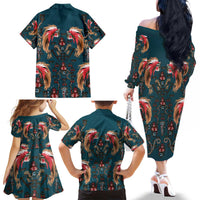Dark Cyan Blue Bird of Batik Papua Family Matching Off The Shoulder Long Sleeve Dress and Hawaiian Shirt Exotic Natural Wealth of Papua - Polynesian Pride