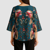 Dark Cyan Blue Bird of Batik Papua Kimono Sleeve Blouse Exotic Natural Wealth of Papua - Polynesian Pride