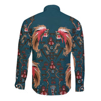 Dark Cyan Blue Bird of Batik Papua Long Sleeve Button Shirt Exotic Natural Wealth of Papua - Polynesian Pride