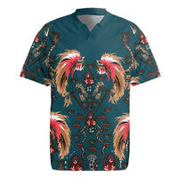 Dark Cyan Blue Bird of Batik Papua Rugby Jersey Exotic Natural Wealth of Papua - Polynesian Pride