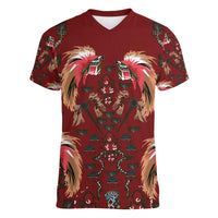 Oxblood Bird of Batik Papua Women V-Neck T-Shirt Exotic Natural Wealth of Papua - Polynesian Pride