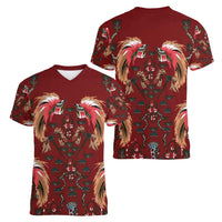 Oxblood Bird of Batik Papua Women V-Neck T-Shirt Exotic Natural Wealth of Papua - Polynesian Pride